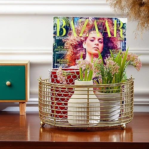 Craft Brio -A TRENDY HANDICRAFTS Round Metal Gold Plated Decorative Wire Basket Diwali Gift Hamper Storage Fruit Vegetable Organizer With Handle-Size 9.5 inches Dia view 4