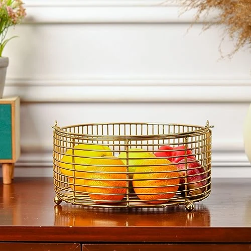 Craft Brio -A TRENDY HANDICRAFTS Round Metal Gold Plated Decorative Wire Basket Diwali Gift Hamper Storage Fruit Vegetable Organizer With Handle-Size 9.5 inches Dia view 5