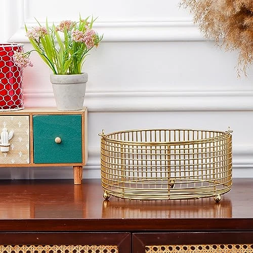 Craft Brio -A TRENDY HANDICRAFTS Round Metal Gold Plated Decorative Wire Basket Diwali Gift Hamper Storage Fruit Vegetable Organizer With Handle-Size 9.5 inches Dia view 6