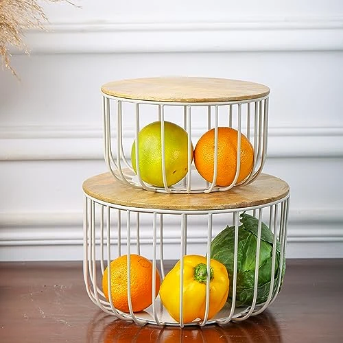 Craft Brio -A TRENDY HANDICRAFTS Set of 2 Nested Wire Wooden Lid Baskets Round Shape Trays Grey Finish For Storage Fruit Vegetable Kitchen Pantry Organizer Rust Free Resistant Meta view 2