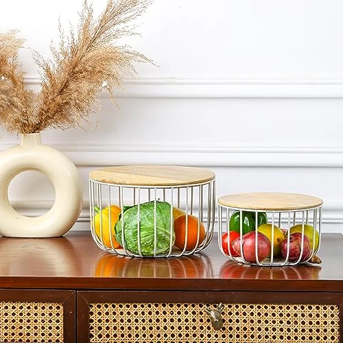 Craft Brio -A TRENDY HANDICRAFTS Set of 2 Nested Wire Wooden Lid Baskets Round Shape Trays Grey Finish For Storage Fruit Vegetable Kitchen Pantry Organizer Rust Free Resistant Meta view 4