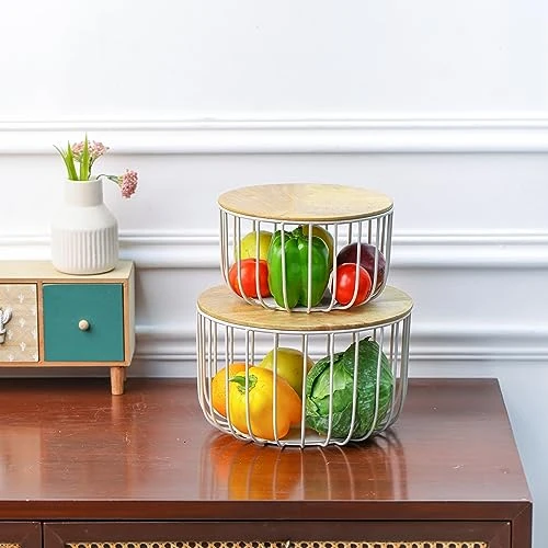Craft Brio -A TRENDY HANDICRAFTS Set of 2 Nested Wire Wooden Lid Baskets Round Shape Trays Grey Finish For Storage Fruit Vegetable Kitchen Pantry Organizer Rust Free Resistant Meta view 5