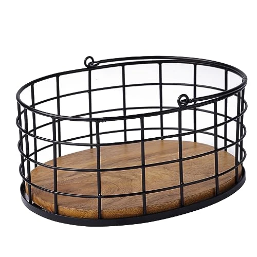 Craft Brio -A TRENDY HANDICRAFTS Metal Wire Black Basket With Wooden Base Fruit Vegetable Holder Diwali Gifting Decor Oval Shape Long Handle view 2