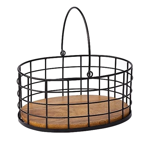 Craft Brio -A TRENDY HANDICRAFTS Metal Wire Black Basket With Wooden Base Fruit Vegetable Holder Diwali Gifting Decor Oval Shape Long Handle view 3