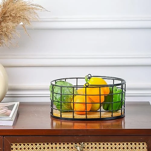 Craft Brio -A TRENDY HANDICRAFTS Metal Wire Black Basket With Wooden Base Fruit Vegetable Holder Diwali Gifting Decor Oval Shape Long Handle view 4