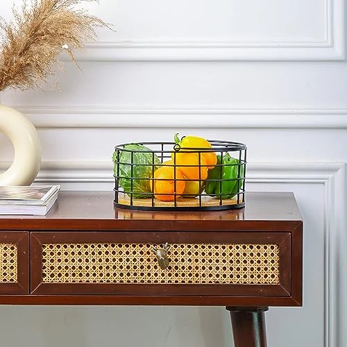 Craft Brio -A TRENDY HANDICRAFTS Metal Wire Black Basket With Wooden Base Fruit Vegetable Holder Diwali Gifting Decor Oval Shape Long Handle view 5