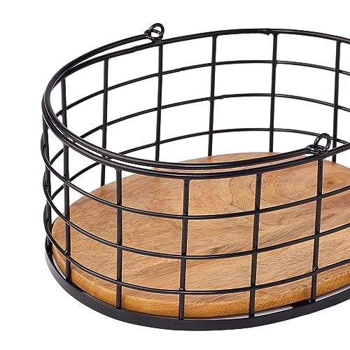 Craft Brio -A TRENDY HANDICRAFTS Metal Wire Black Basket With Wooden Base Fruit Vegetable Holder Diwali Gifting Decor Oval Shape Long Handle view 6