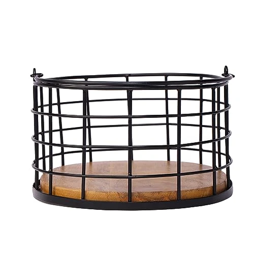 Craft Brio -A TRENDY HANDICRAFTS Metal Wire Black Basket With Wooden Base Fruit Vegetable Holder Diwali Gifting Decor Oval Shape Long Handle view 7