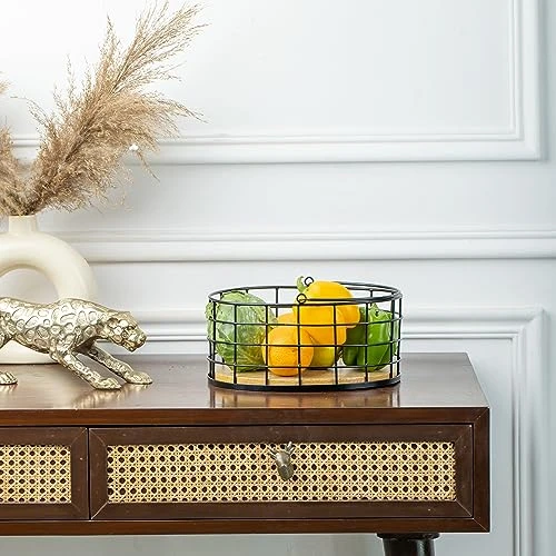 Craft Brio -A TRENDY HANDICRAFTS Metal Wire Black Basket With Wooden Base Fruit Vegetable Holder Diwali Gifting Decor Oval Shape Long Handle view 8