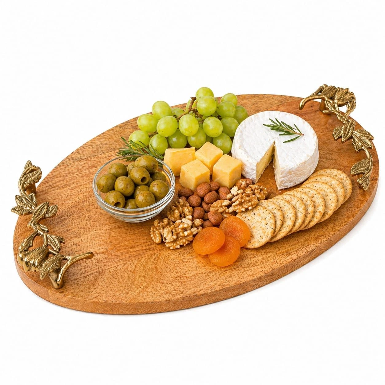 Craft Brio -A TRENDY HANDICRAFTS Oval Wooden Trays Natural Finish with Handcrafted Gold Casting Handles Decorative Platter Plates for Coffee Table Living Kitchen Room view 1