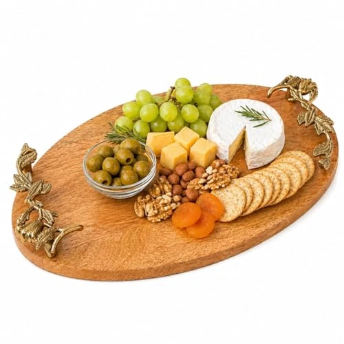 Craft Brio -A TRENDY HANDICRAFTS Oval Wooden Trays Natural Finish with Handcrafted Gold Casting Handles Decorative Platter Plates for Coffee Table Living Kitchen Room view 2