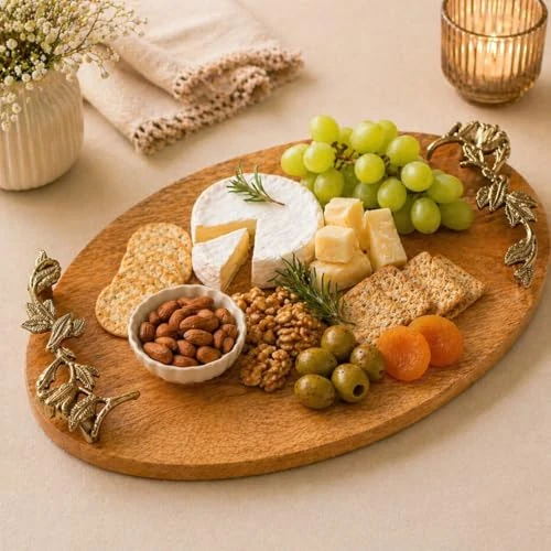 Craft Brio -A TRENDY HANDICRAFTS Oval Wooden Trays Natural Finish with Handcrafted Gold Casting Handles Decorative Platter Plates for Coffee Table Living Kitchen Room view 3