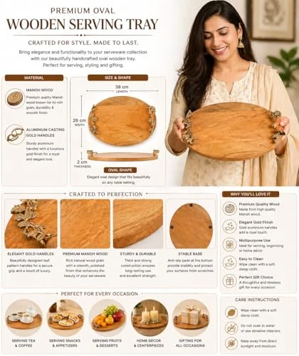 Craft Brio -A TRENDY HANDICRAFTS Oval Wooden Trays Natural Finish with Handcrafted Gold Casting Handles Decorative Platter Plates for Coffee Table Living Kitchen Room view 4