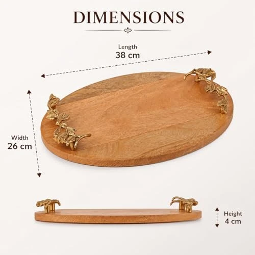 Craft Brio -A TRENDY HANDICRAFTS Oval Wooden Trays Natural Finish with Handcrafted Gold Casting Handles Decorative Platter Plates for Coffee Table Living Kitchen Room view 6