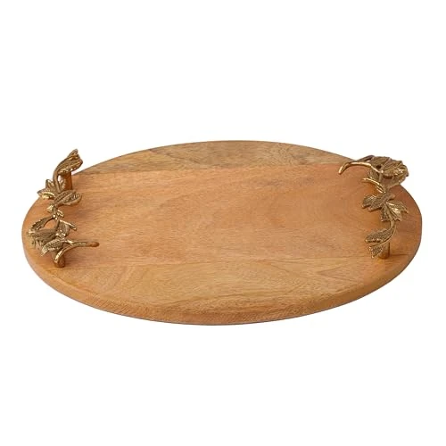 Craft Brio -A TRENDY HANDICRAFTS Oval Wooden Trays Natural Finish with Handcrafted Gold Casting Handles Decorative Platter Plates for Coffee Table Living Kitchen Room view 7
