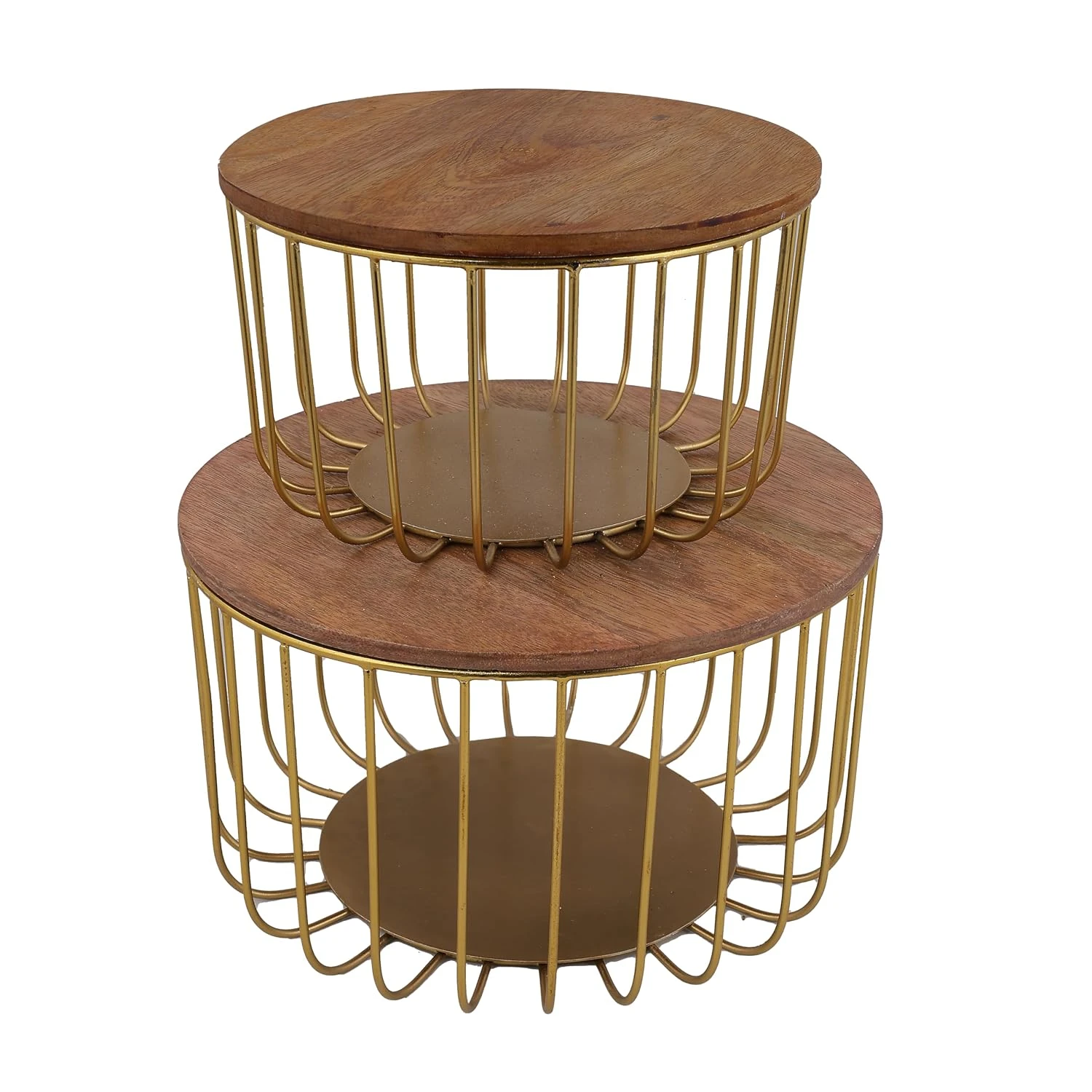 Craft Brio -A TRENDY HANDICRAFTS Set of 2 Nested Wire Wood Baskets Trays Gold Plated For Storage Fruit Vegetable Kitchen Pantry Organizer Rust Free Resistant Metal Basket view 1