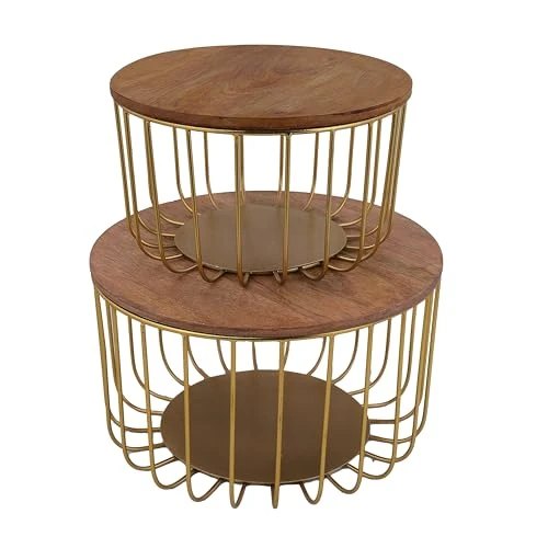 Craft Brio -A TRENDY HANDICRAFTS Set of 2 Nested Wire Wood Baskets Trays Gold Plated For Storage Fruit Vegetable Kitchen Pantry Organizer Rust Free Resistant Metal Basket view 2