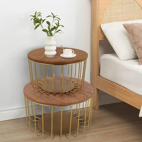 Craft Brio -A TRENDY HANDICRAFTS Set of 2 Nested Wire Wood Baskets Trays Gold Plated For Storage Fruit Vegetable Kitchen Pantry Organizer Rust Free Resistant Metal Basket view 3
