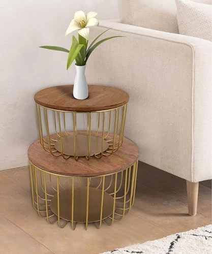 Craft Brio -A TRENDY HANDICRAFTS Set of 2 Nested Wire Wood Baskets Trays Gold Plated For Storage Fruit Vegetable Kitchen Pantry Organizer Rust Free Resistant Metal Basket view 4