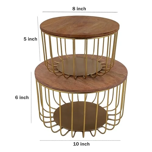 Craft Brio -A TRENDY HANDICRAFTS Set of 2 Nested Wire Wood Baskets Trays Gold Plated For Storage Fruit Vegetable Kitchen Pantry Organizer Rust Free Resistant Metal Basket view 6