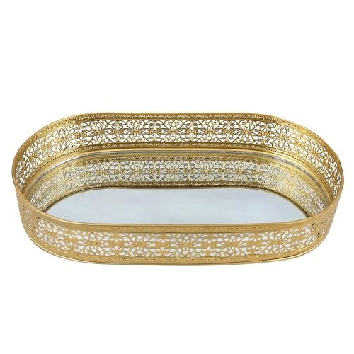 Craft Brio -A TRENDY HANDICRAFTS Oval Glass Mirror Gold Plated Tray Decorative Vanity Perfume Storage Pooja Wedding Diwali Gifting Trays (31 cm X 17 cm) view 2