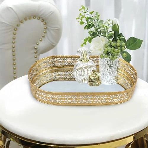 Craft Brio -A TRENDY HANDICRAFTS Oval Glass Mirror Gold Plated Tray Decorative Vanity Perfume Storage Pooja Wedding Diwali Gifting Trays (31 cm X 17 cm) view 3