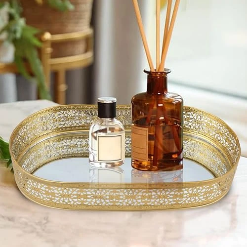 Craft Brio -A TRENDY HANDICRAFTS Oval Glass Mirror Gold Plated Tray Decorative Vanity Perfume Storage Pooja Wedding Diwali Gifting Trays (31 cm X 17 cm) view 4