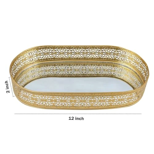 Craft Brio -A TRENDY HANDICRAFTS Oval Glass Mirror Gold Plated Tray Decorative Vanity Perfume Storage Pooja Wedding Diwali Gifting Trays (31 cm X 17 cm) view 5