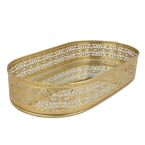Craft Brio -A TRENDY HANDICRAFTS Oval Glass Mirror Gold Plated Tray Decorative Vanity Perfume Storage Pooja Wedding Diwali Gifting Trays (31 cm X 17 cm) view 6