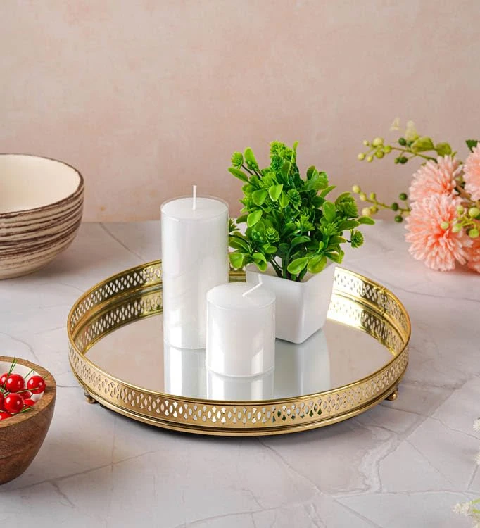 Brass Glass Vanity Tray Metal Gold Plated Serving Plate Decorative Dresser Organiser for Home and Kitchen Dia 10 Height 1.5 inches view 1
