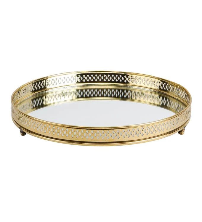 Brass Glass Vanity Tray Metal Gold Plated Serving Plate Decorative Dresser Organiser for Home and Kitchen Dia 10 Height 1.5 inches view 4