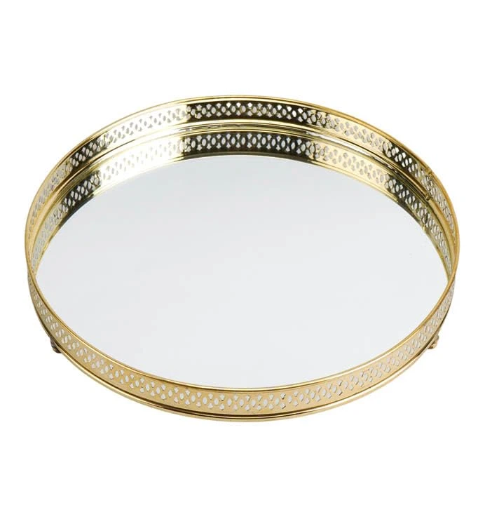 Brass Glass Vanity Tray Metal Gold Plated Serving Plate Decorative Dresser Organiser for Home and Kitchen Dia 10 Height 1.5 inches view 2