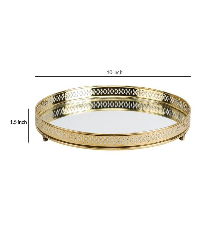 Brass Glass Vanity Tray Metal Gold Plated Serving Plate Decorative Dresser Organiser for Home and Kitchen Dia 10 Height 1.5 inches view 5