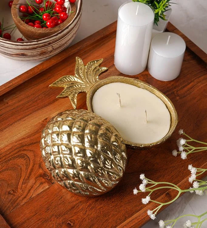 Craft Brio -A TRENDY HANDICRAFTS Gold Plated Aluminium Casting Pineapple Tealight Candle Holder Decorative Candle Stand for Home Party and Wedding (7 X 4 X 3.5 inches) view 2