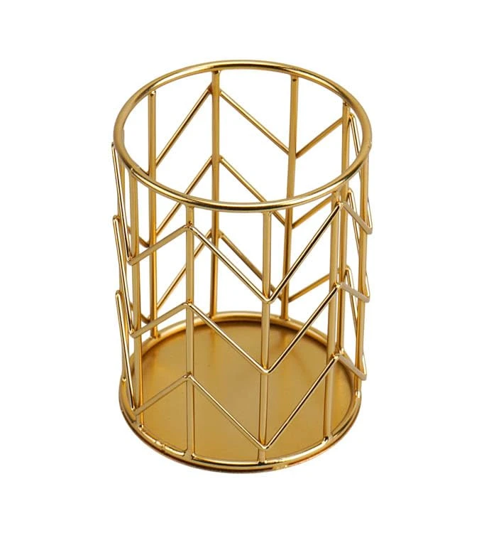 Craft Brio -A TRENDY HANDICRAFTS Geometric Metal Pen Holder, Gold Plated Desktop Organiser, Decorative Makeup Brush Stand view 2