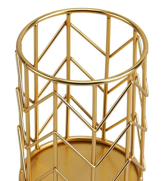 Craft Brio -A TRENDY HANDICRAFTS Geometric Metal Pen Holder, Gold Plated Desktop Organiser, Decorative Makeup Brush Stand view 3