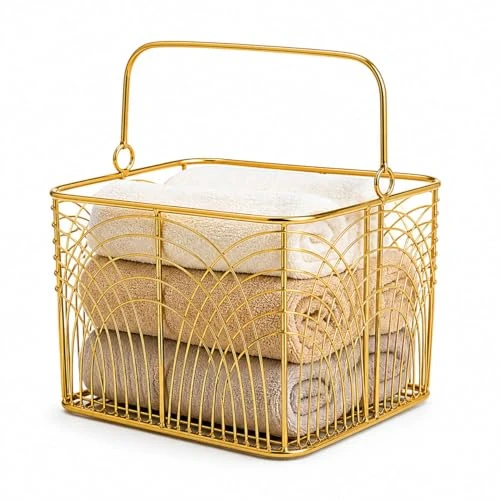 Craft Brio -A TRENDY HANDICRAFTS Decorative Metal Wire Storage Basket with Handle, Gold Finish, Art Deco Pattern view 2