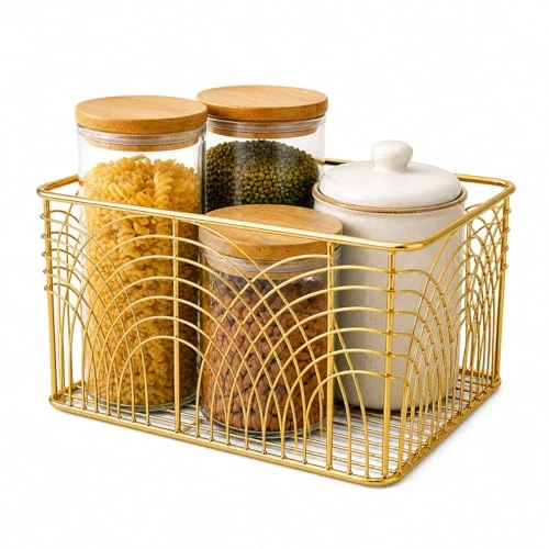 Craft Brio -A TRENDY HANDICRAFTS Decorative Metal Wire Storage Basket with Handle, Gold Finish, Art Deco Pattern view 3
