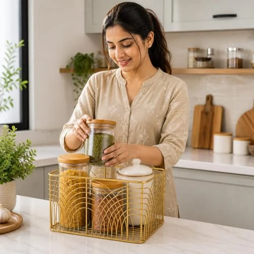 Craft Brio -A TRENDY HANDICRAFTS Decorative Metal Wire Storage Basket with Handle, Gold Finish, Art Deco Pattern view 4