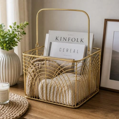 Craft Brio -A TRENDY HANDICRAFTS Decorative Metal Wire Storage Basket with Handle, Gold Finish, Art Deco Pattern view 5