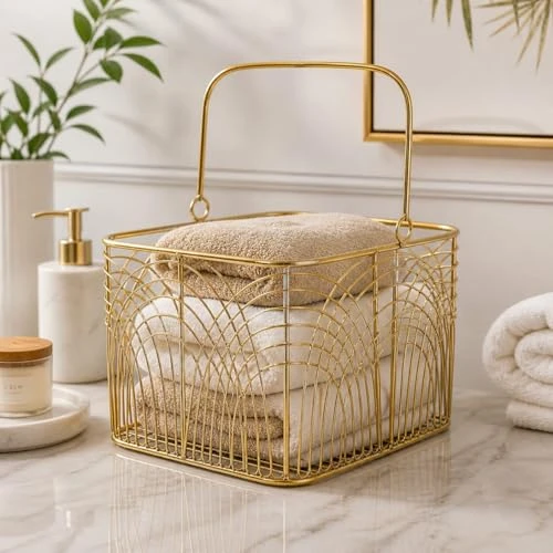 Craft Brio -A TRENDY HANDICRAFTS Decorative Metal Wire Storage Basket with Handle, Gold Finish, Art Deco Pattern view 6