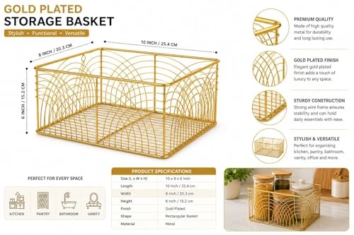 Craft Brio -A TRENDY HANDICRAFTS Decorative Metal Wire Storage Basket with Handle, Gold Finish, Art Deco Pattern view 7