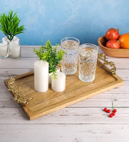 Decorative Mango Wood Serving Tray with Gold Leaf Handles, Rectangular Vanity Tray Wedding Event Accent (22 X 42 X 4 cm) view 3