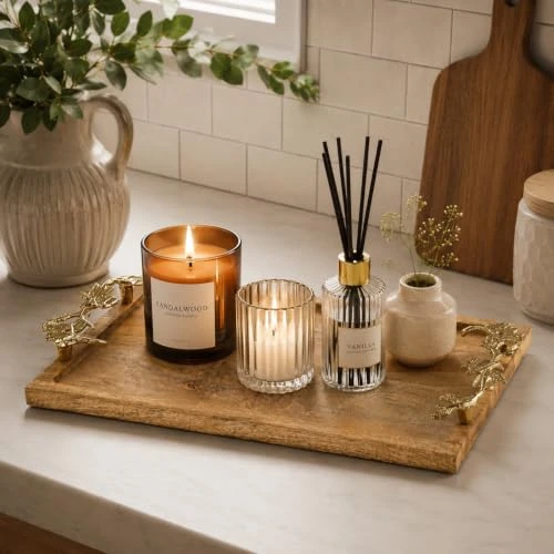 Decorative Mango Wood Serving Tray with Gold Leaf Handles, Rectangular Vanity Tray Wedding Event Accent (22 X 42 X 4 cm) view 4
