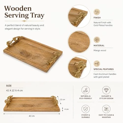 Decorative Mango Wood Serving Tray with Gold Leaf Handles, Rectangular Vanity Tray Wedding Event Accent (22 X 42 X 4 cm) view 5