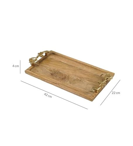 Decorative Mango Wood Serving Tray with Gold Leaf Handles, Rectangular Vanity Tray Wedding Event Accent (22 X 42 X 4 cm) view 6