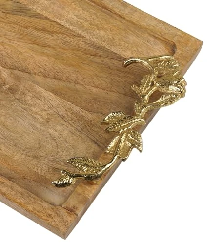 Decorative Mango Wood Serving Tray with Gold Leaf Handles, Rectangular Vanity Tray Wedding Event Accent (22 X 42 X 4 cm) view 7