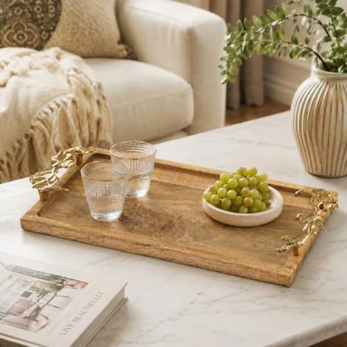 Decorative Mango Wood Serving Tray with Gold Leaf Handles, Rectangular Vanity Tray Wedding Event Accent (22 X 42 X 4 cm) view 8