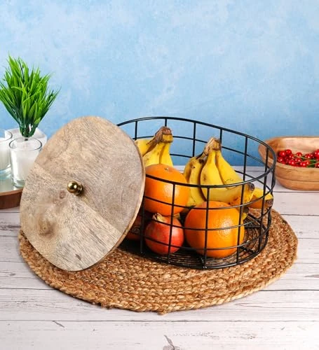 Craft Brio Black Metal Wire Storage Basket with Wooden Lid, Oval Shape Decorative Container for Fruits and Vegetables, 27 x 22 x 16 cm view 2