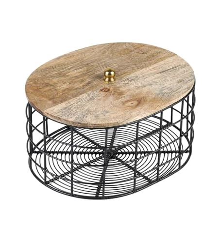 Craft Brio Black Metal Wire Storage Basket with Wooden Lid, Oval Shape Decorative Container for Fruits and Vegetables, 27 x 22 x 16 cm view 3